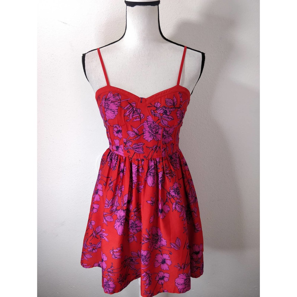 Band of Gypsies Orange & Pink Floral Smocked Sweetheart Neck Mini Dress Size S